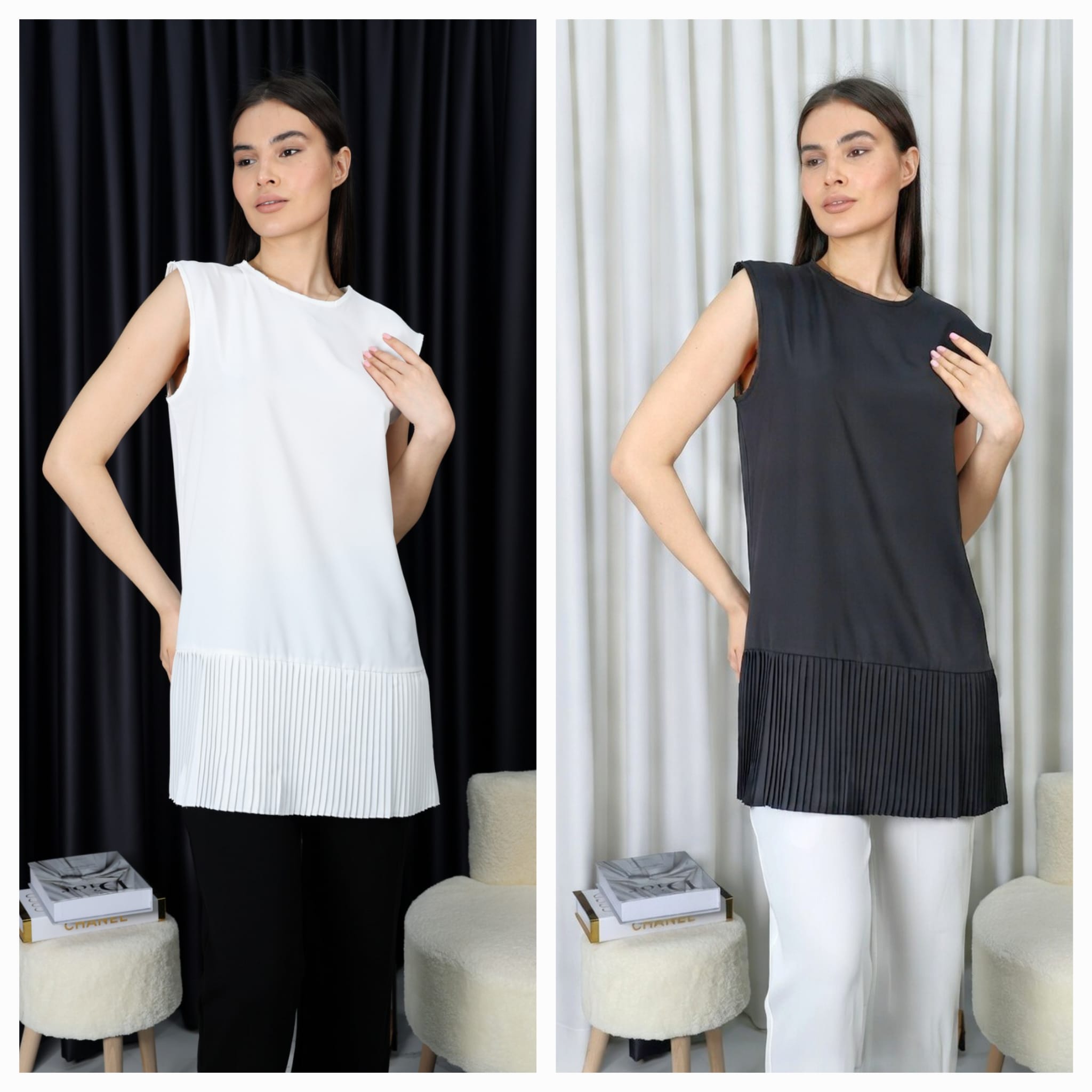 Kadın Tesettür Kolsuz 2'li Paket Siyah Beyaz Piliseli Içlik Gömlek Tunik Bluz Pliseli Pileli