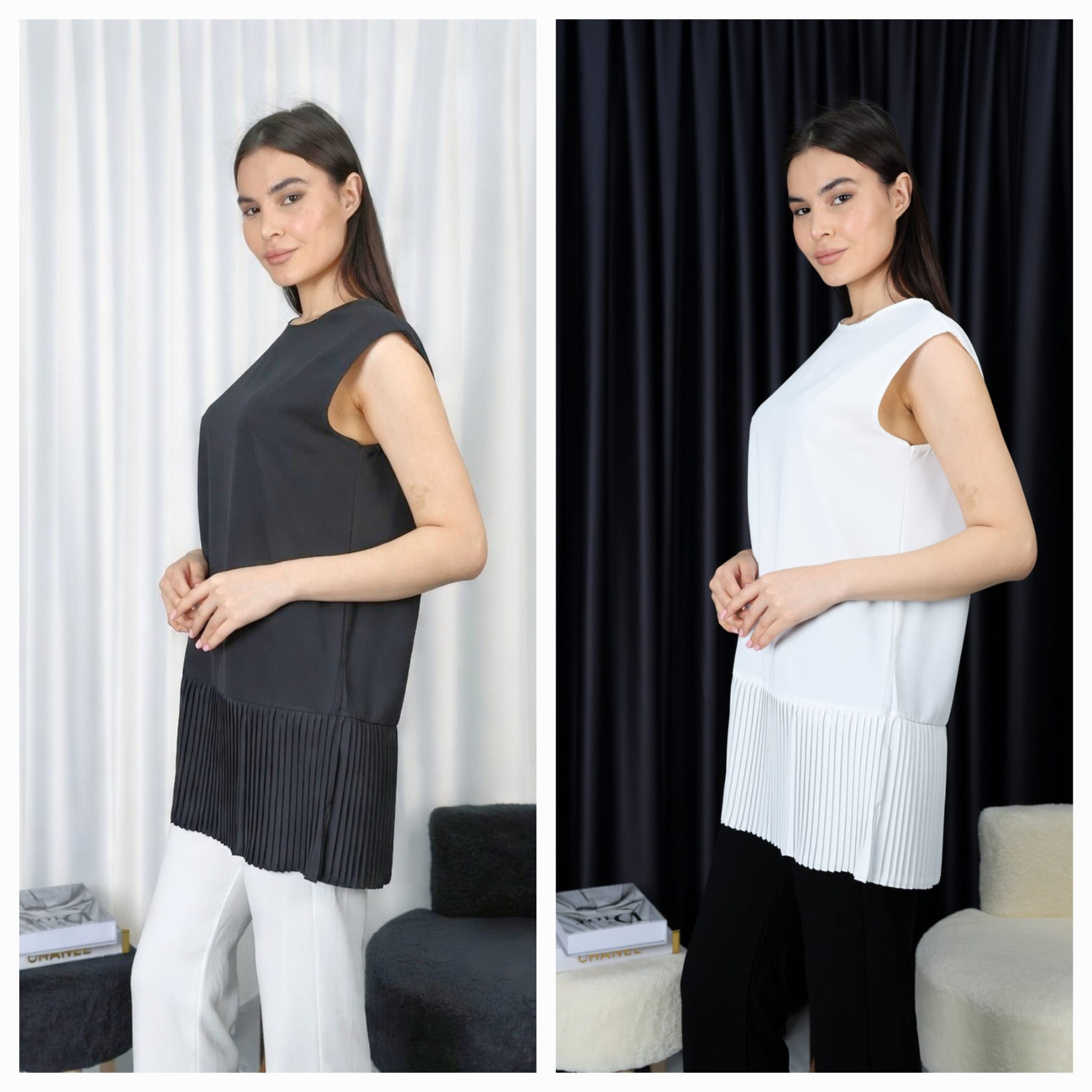 Kadın Tesettür Kolsuz 2'li Paket Siyah Beyaz Piliseli Içlik Gömlek Tunik Bluz Pliseli Pileli